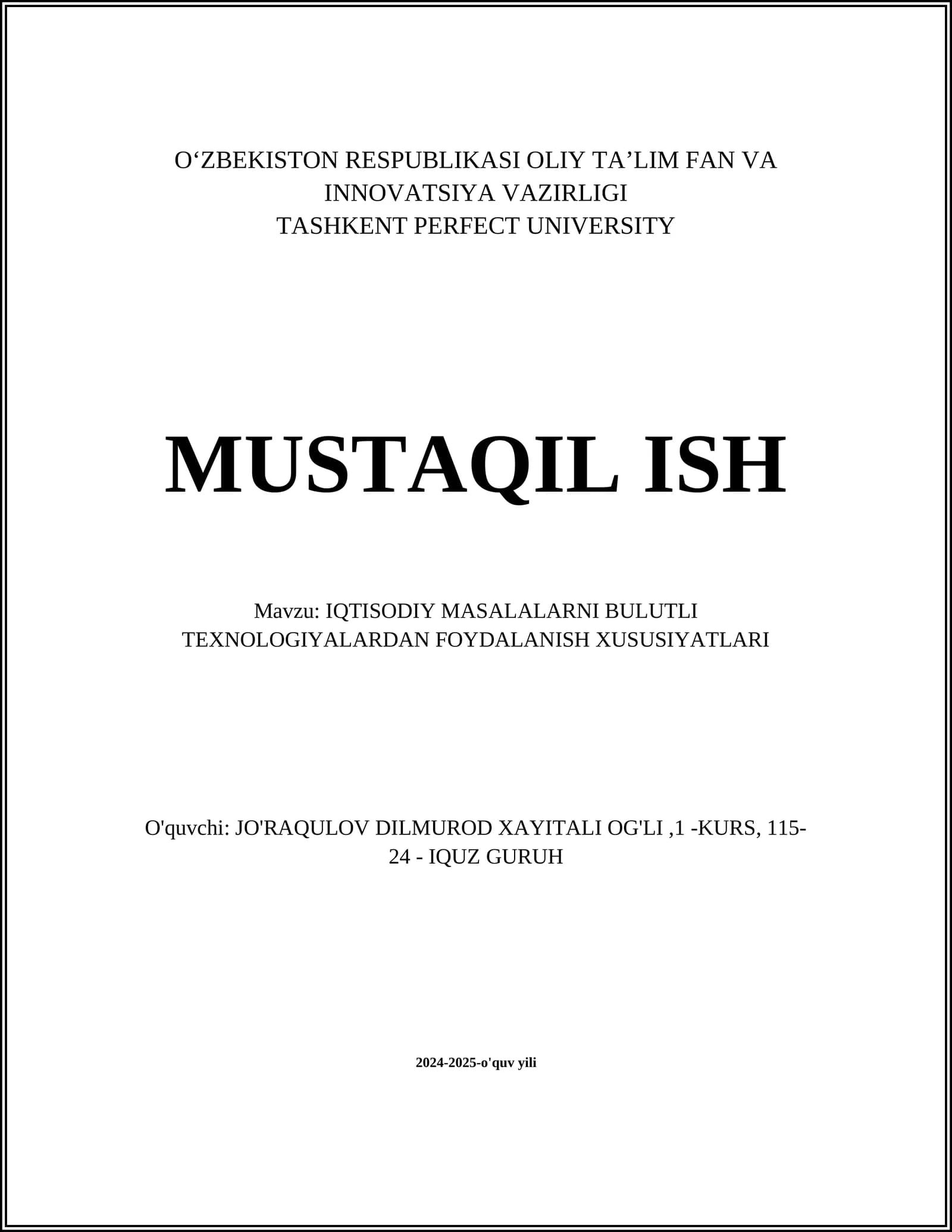 IQTISODIY MASALALARNI BULUTLI TEXNOLOGIYALARDAN FOYDALANISH XUSUSIYATLARI