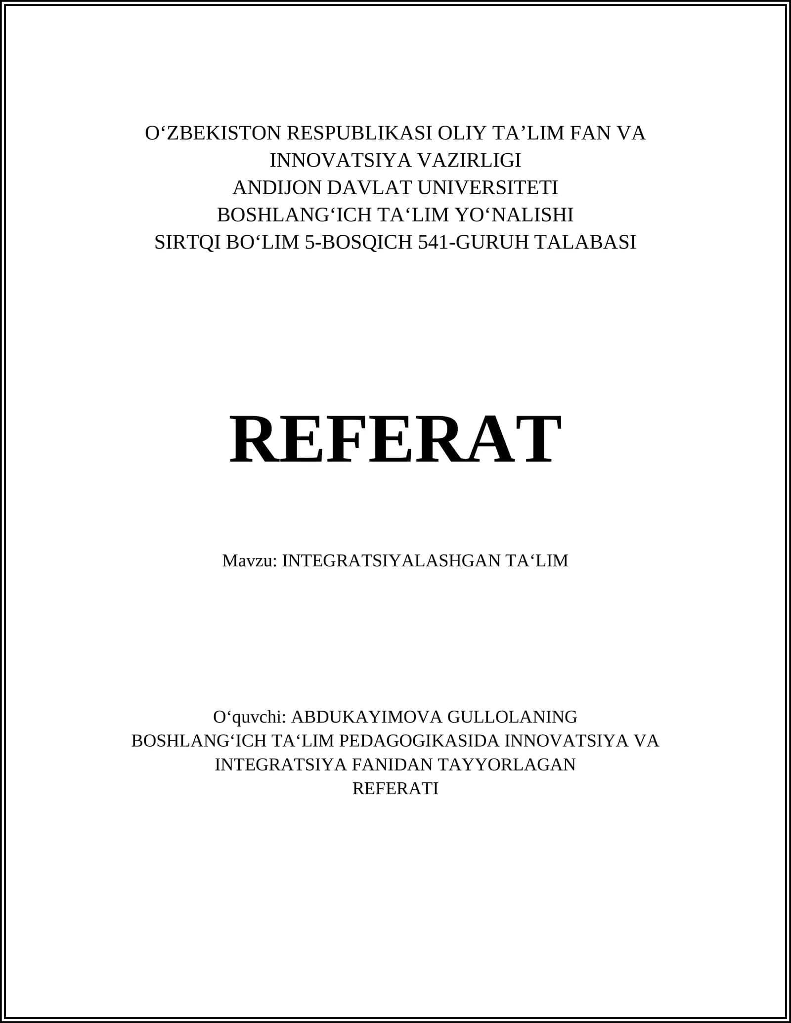 INTEGRATSIYALASHGAN TA‘LIM