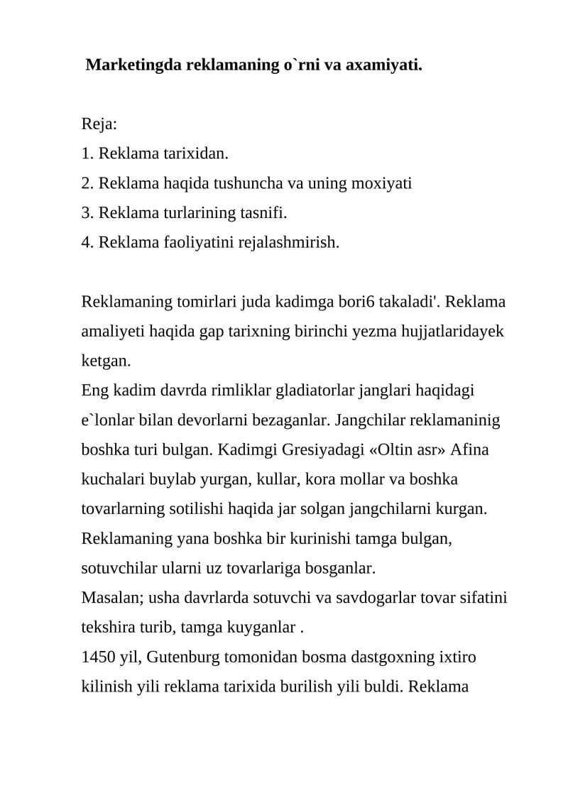 Reklamaning o`rni va axamiyati