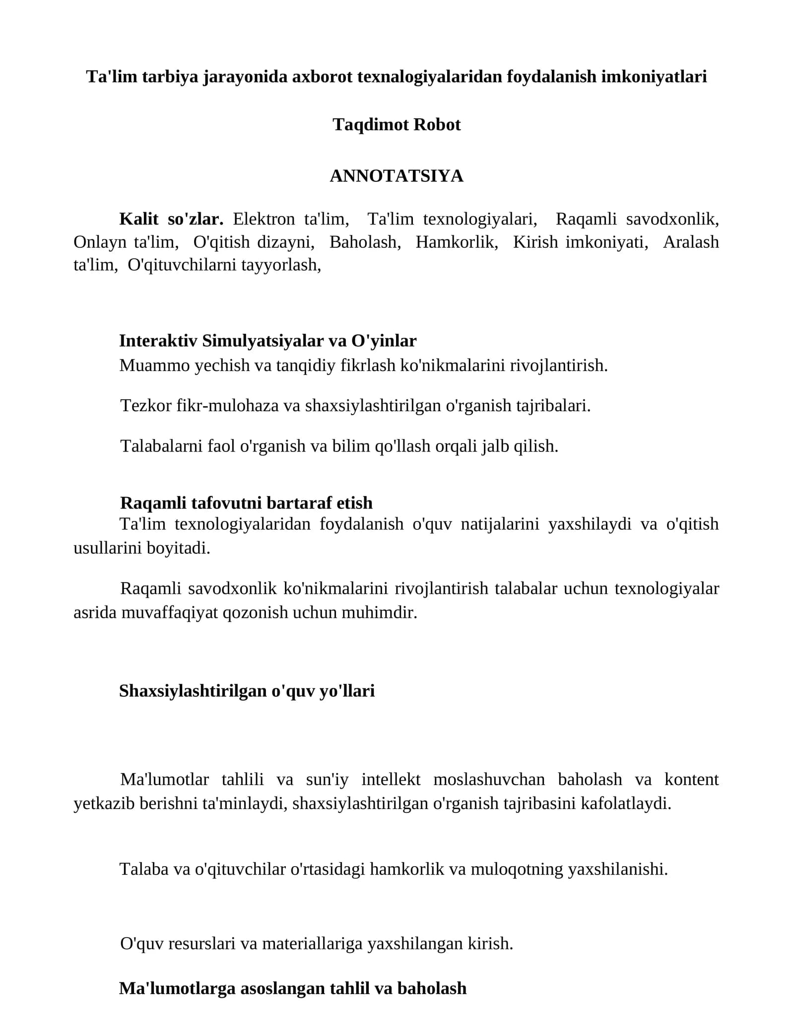 Interaktiv Simulyatsiyalar va O'yinlar