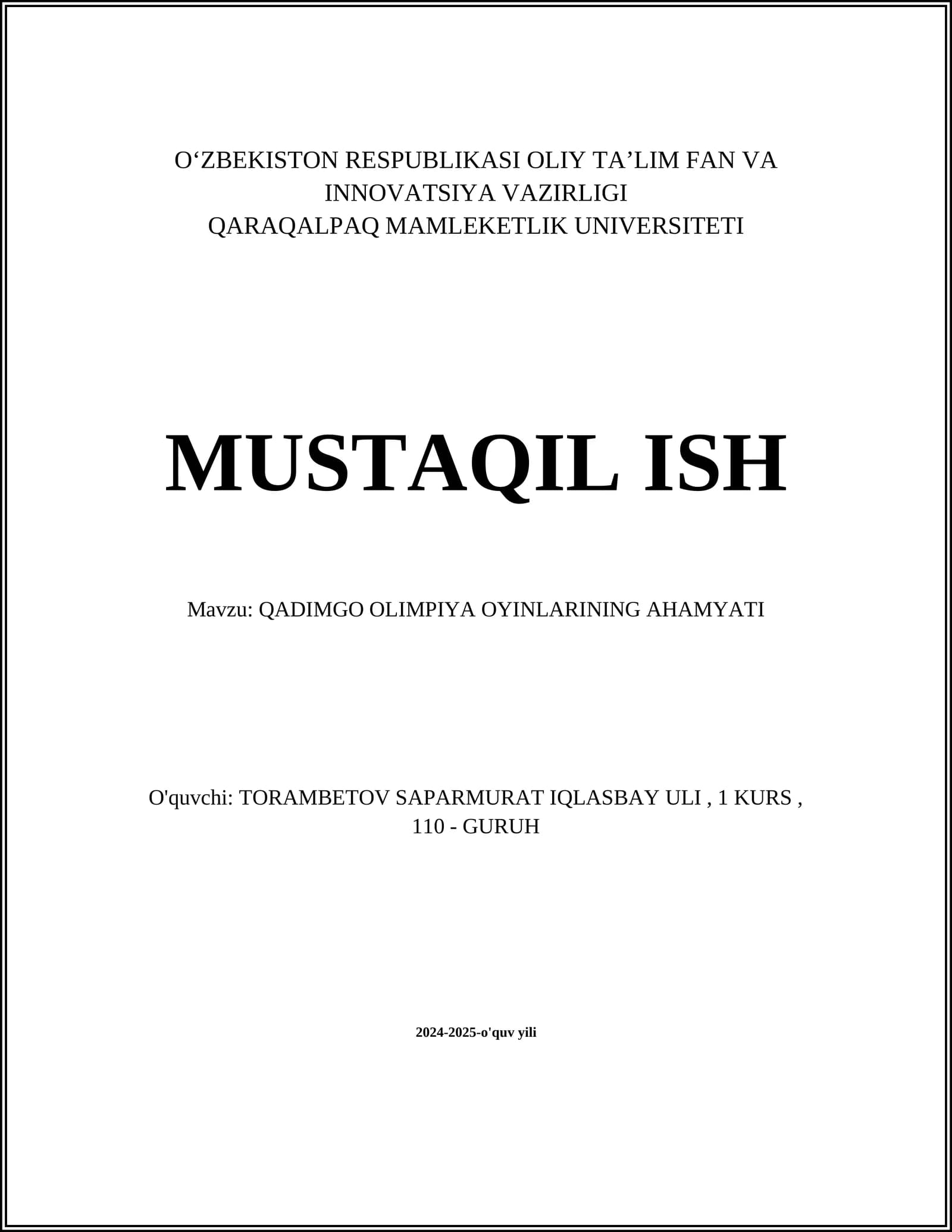 QADIMGO OLIMPIYA OYINLARINING AHAMYATI
