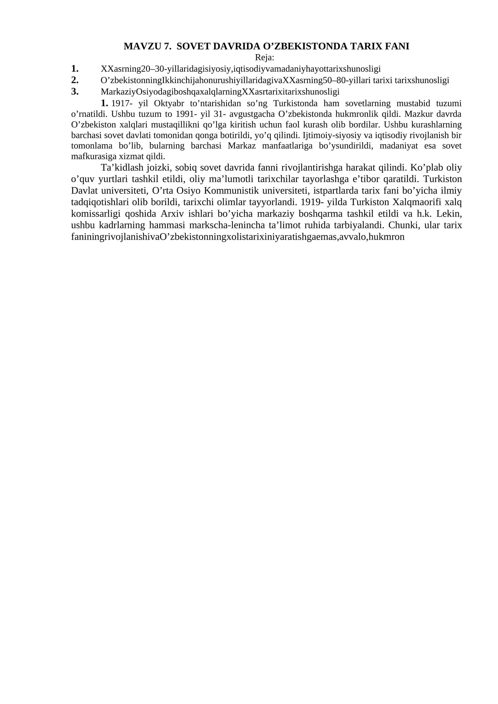 SOVET DAVRIDA O’ZBEKISTONDA TARIX FANI