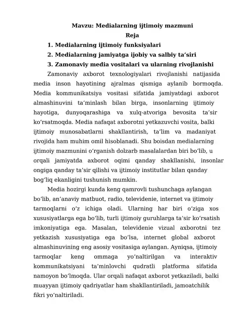 Medialarning ijtimoiy mazmuni
