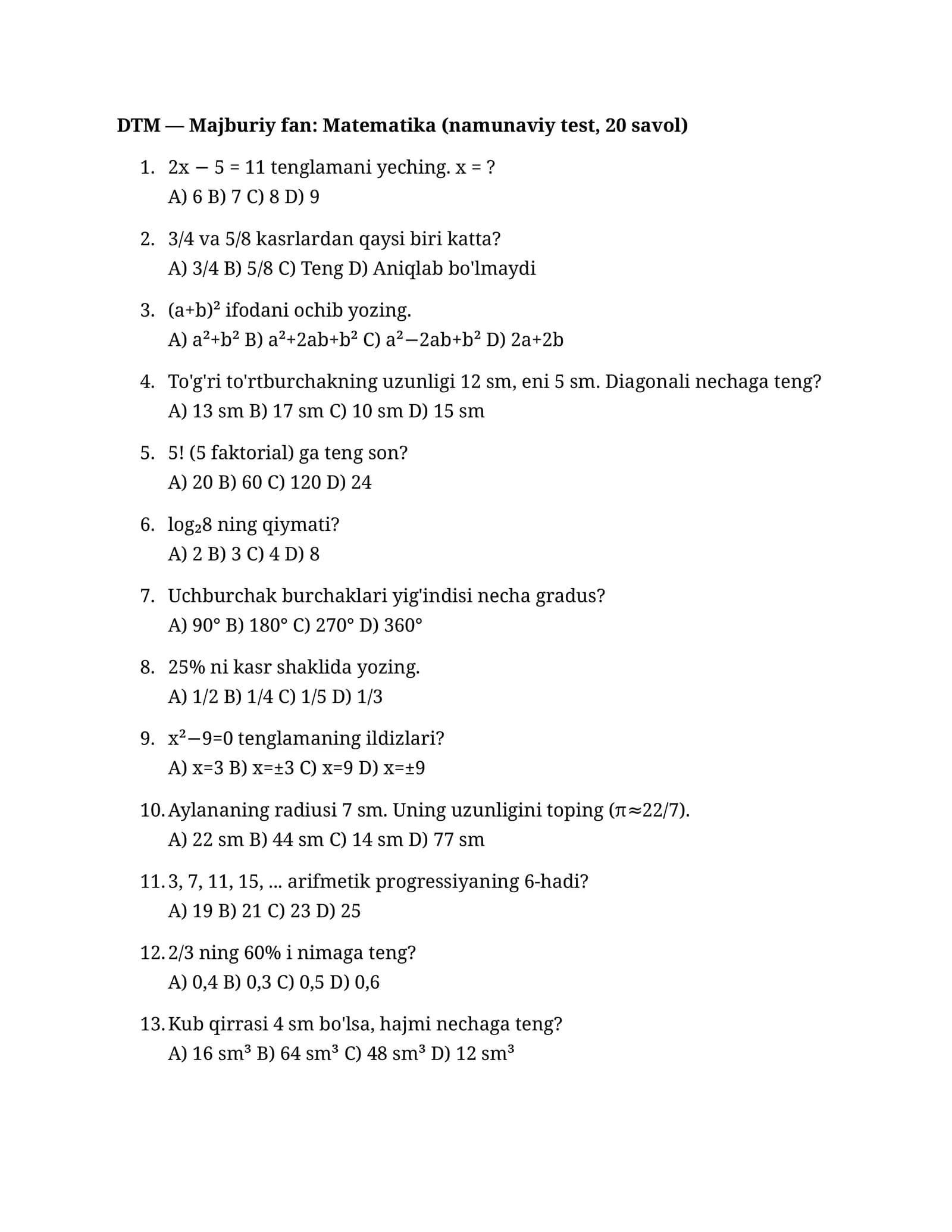 Majburiy fan: Matematika (namunaviy test)