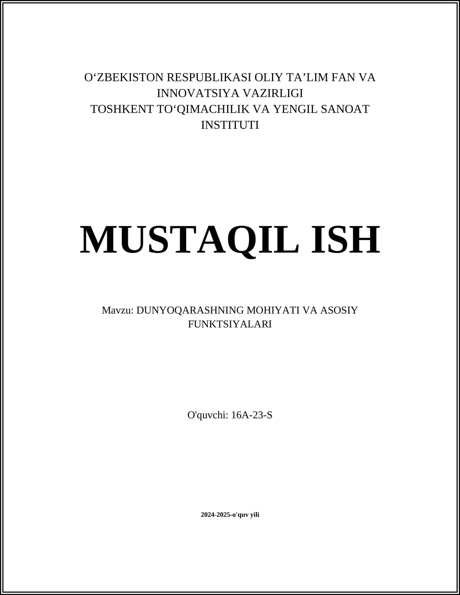 DUNYOQARASHNING MOHIYATI VA ASOSIY FUNKTSIYALARI