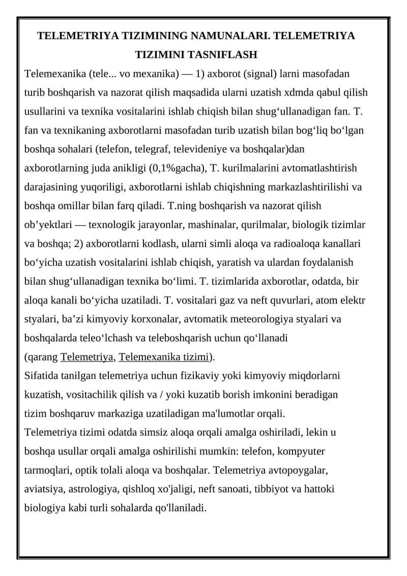 Telemetriya Tizimining Namunalari