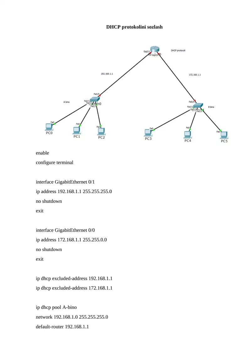 DHCP protokolini sozlash