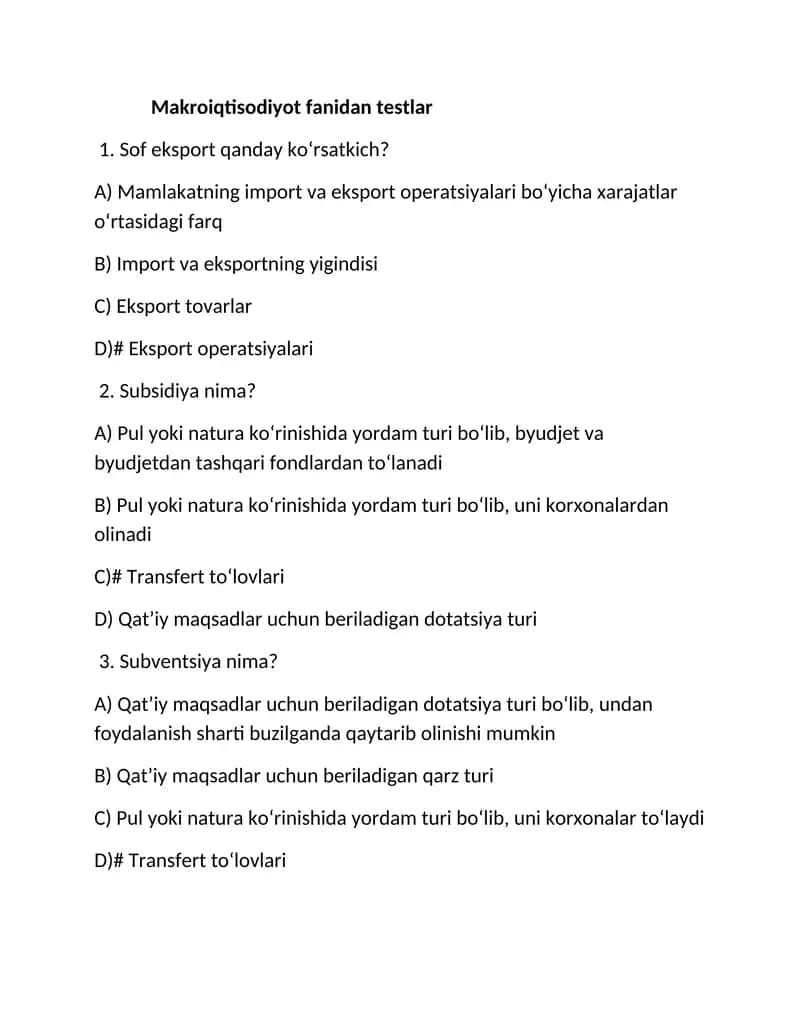 Makroiqtisodiyot fanidan testlar