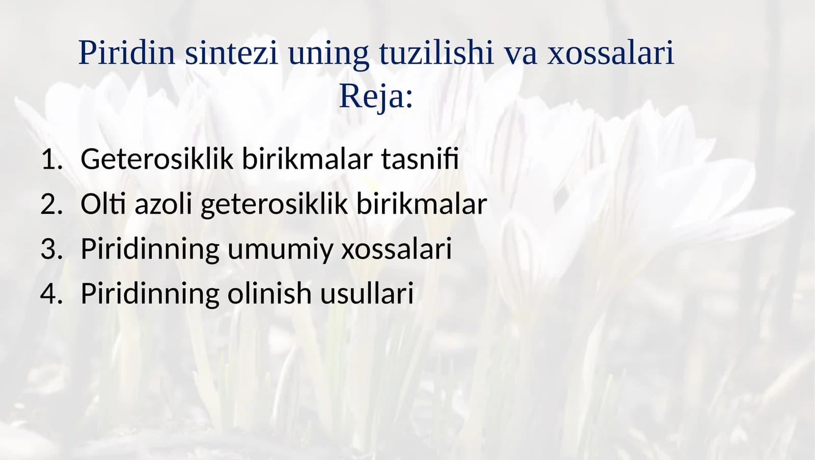 Piridin sintezi uning tuzilishi va xossalari