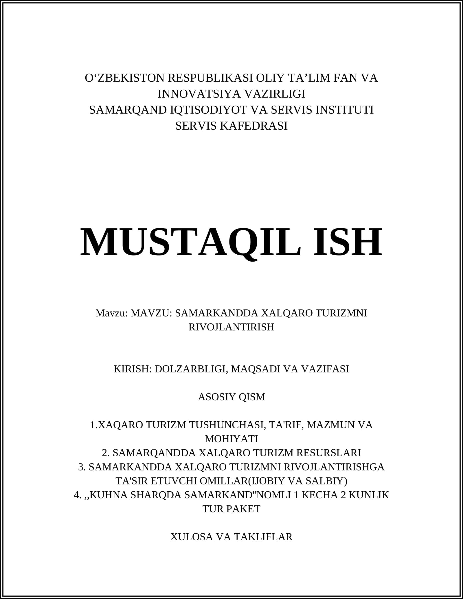 SAMARKANDDA XALQARO TURIZMNI RIVOJLANTIRISH
