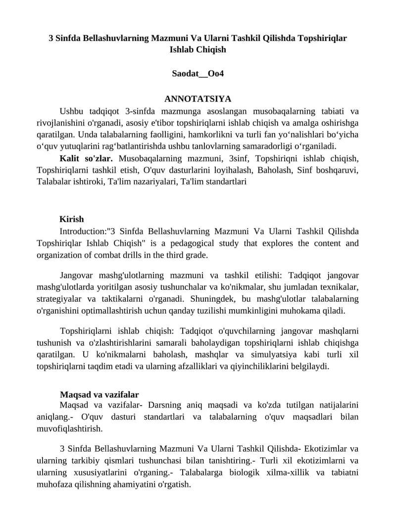 3 Sinfda Bellashuvlarning Mazmuni Va Ularni Tashkil Qilishda Topshiriqlar Ishlab Chiqish