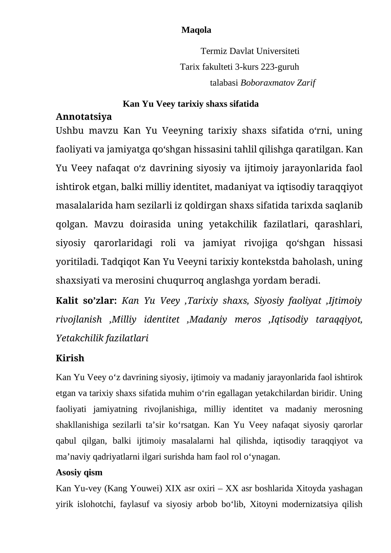Kan Yu Veeyning tarixiy shaxs sifatida o‘rni