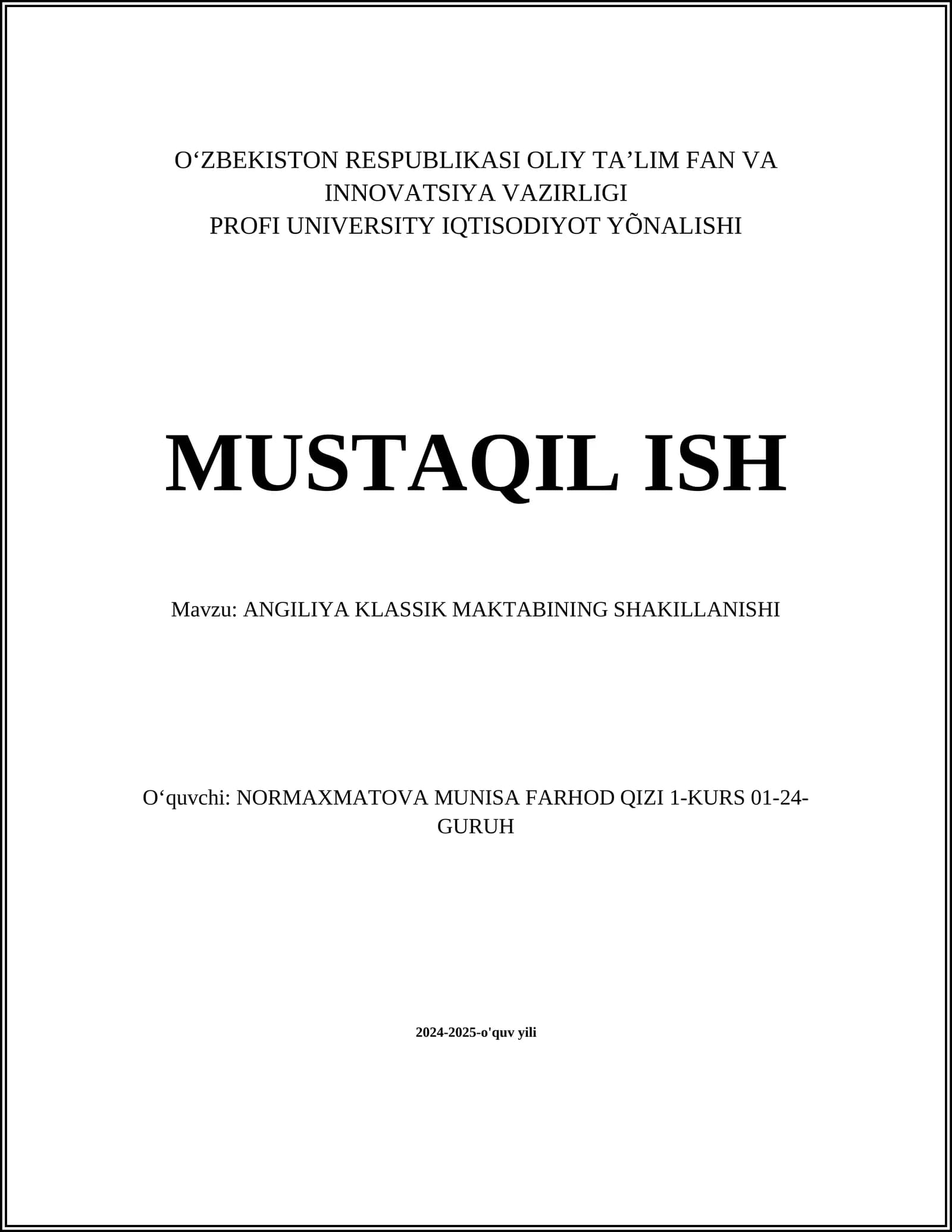 ANGLIYA KLASSIK MAKTABINING SHAKILLANISHI