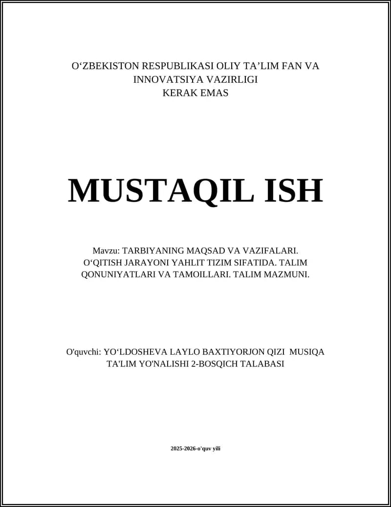 TARBIYANING MAQSAD VA VAZIFALARI