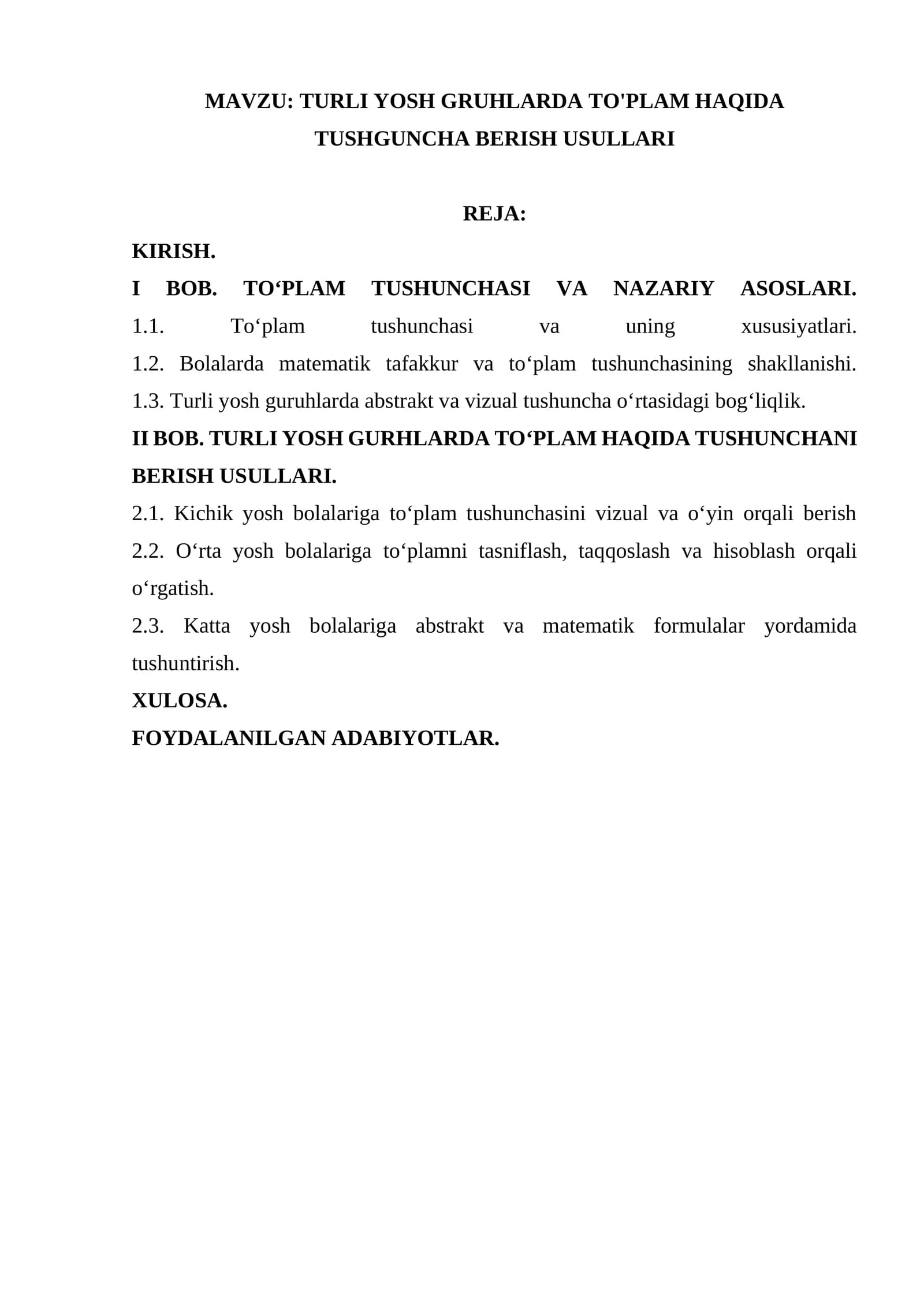 TURLI YOSH GRUHLARDA TO'PLAM HAQIDA TUSHGUNCHA BERISH USULLARI