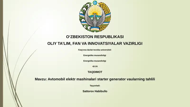 Avtomobil elektr mashinalari starter generator vaularning tahlili