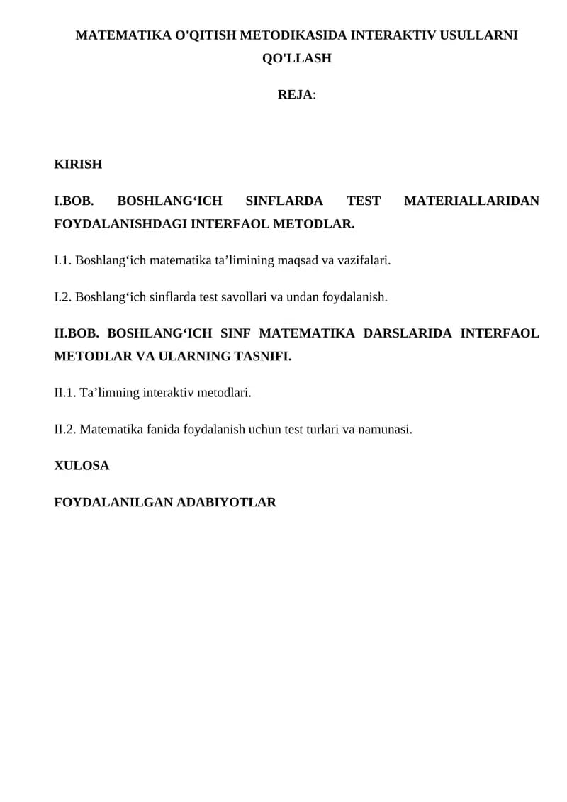 MATEMATIKA O'QITISH METODIKASIDA INTERAKTIV USULLARNI QO'LLASH