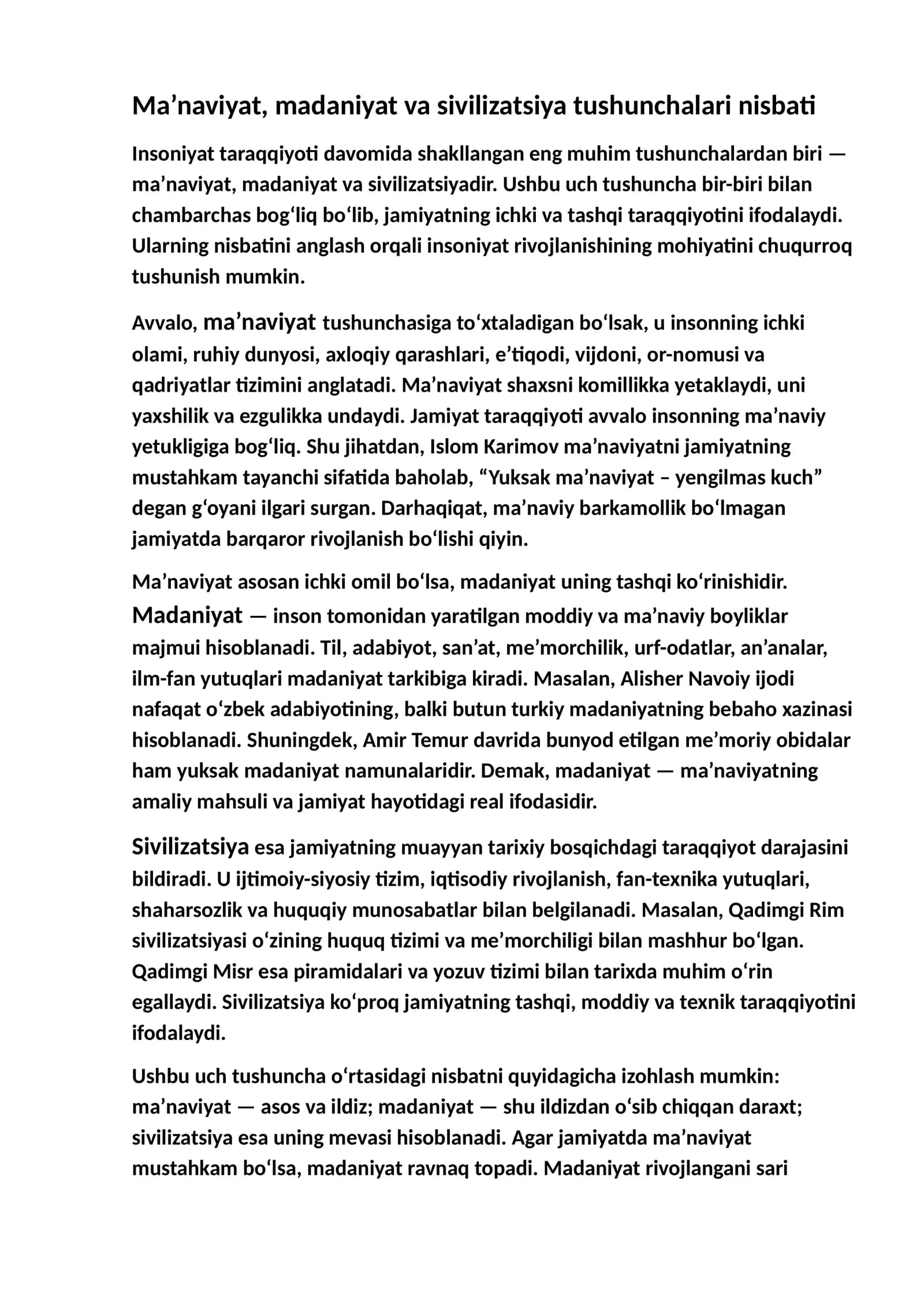 Ma’naviyat, madaniyat va sivilizatsiya tushunchalari nisbati