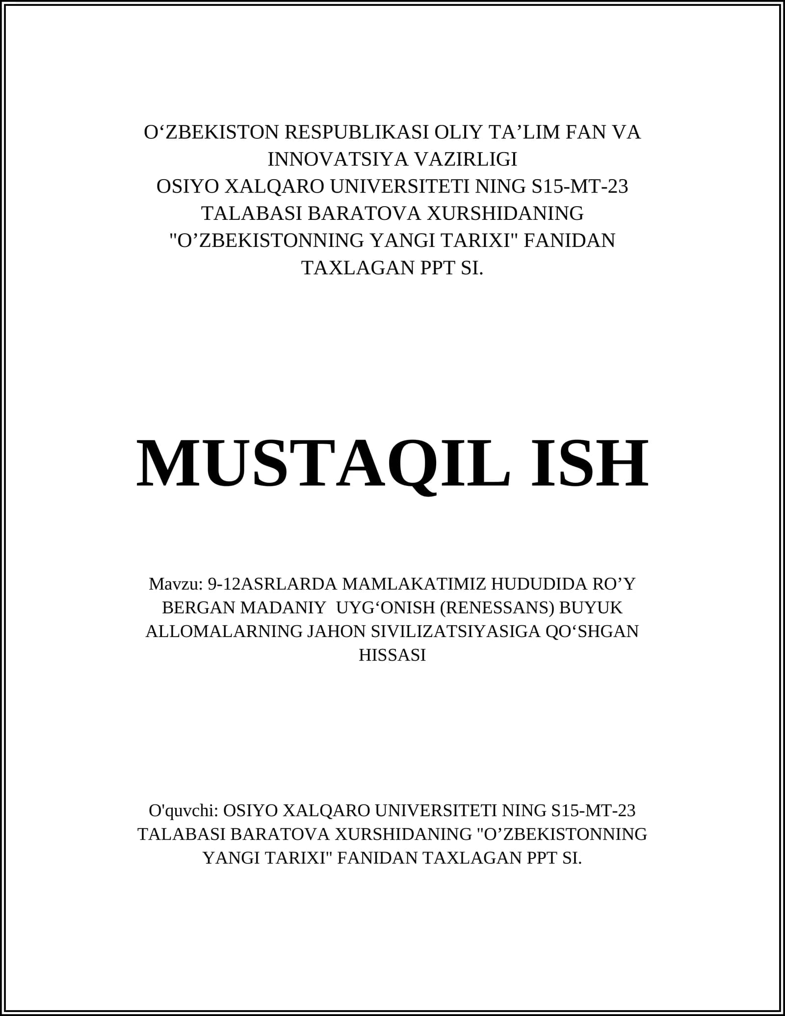 OʼZBEKISTONNING YANGI TARIXI