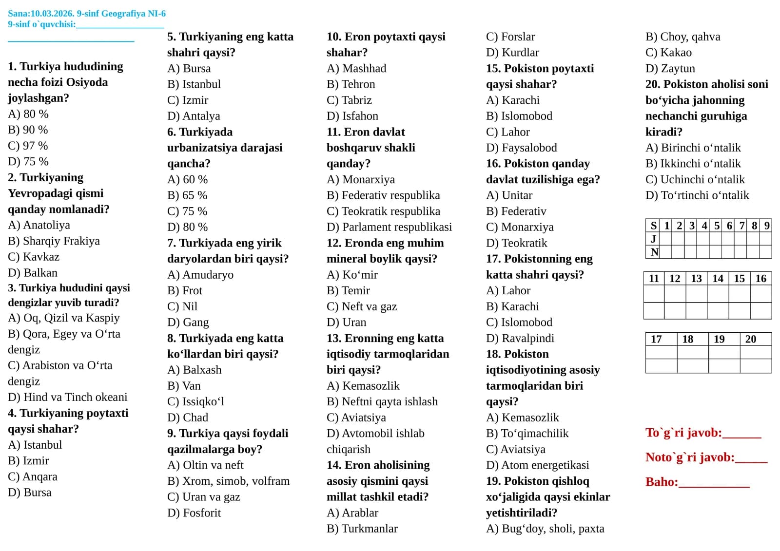 9-sinf Geografiya Nazorat ishi 6