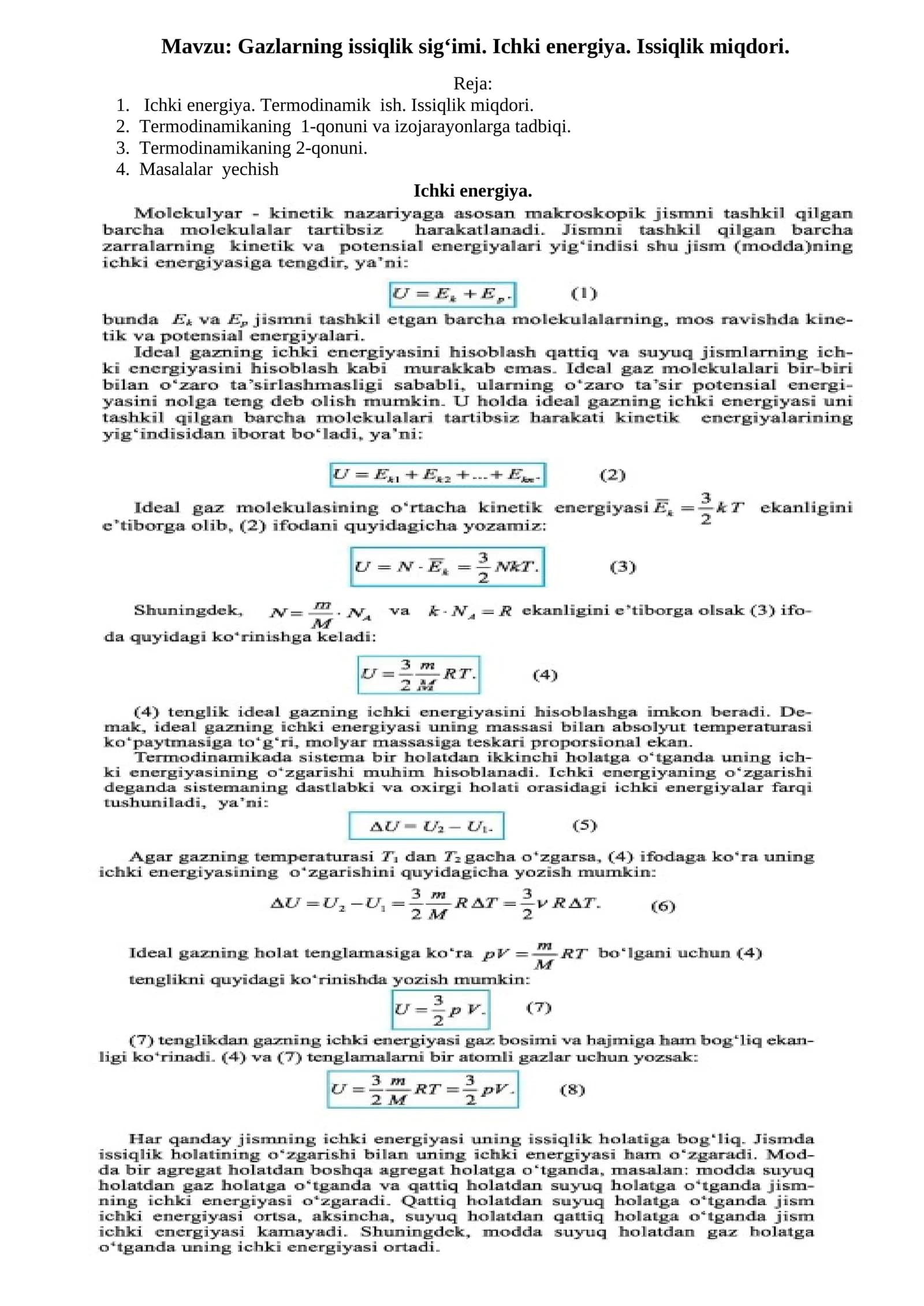 Gazlarning issiqlik sig‘imi. Ichki energiya. Issiqlik miqdori