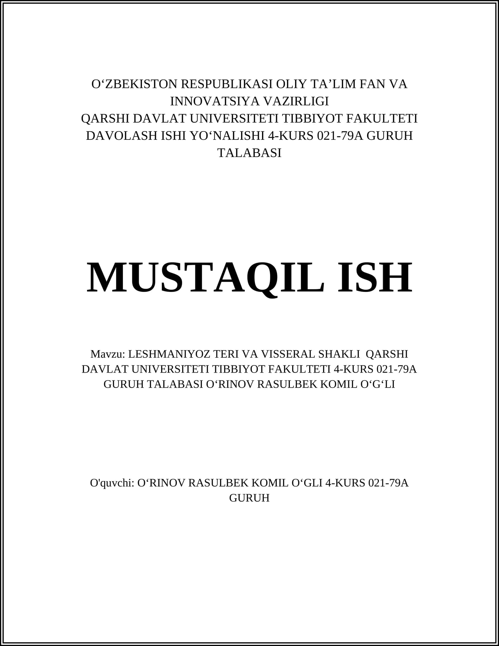 LESHMANIYOZ TERI VA VISSERAL SHAKLI