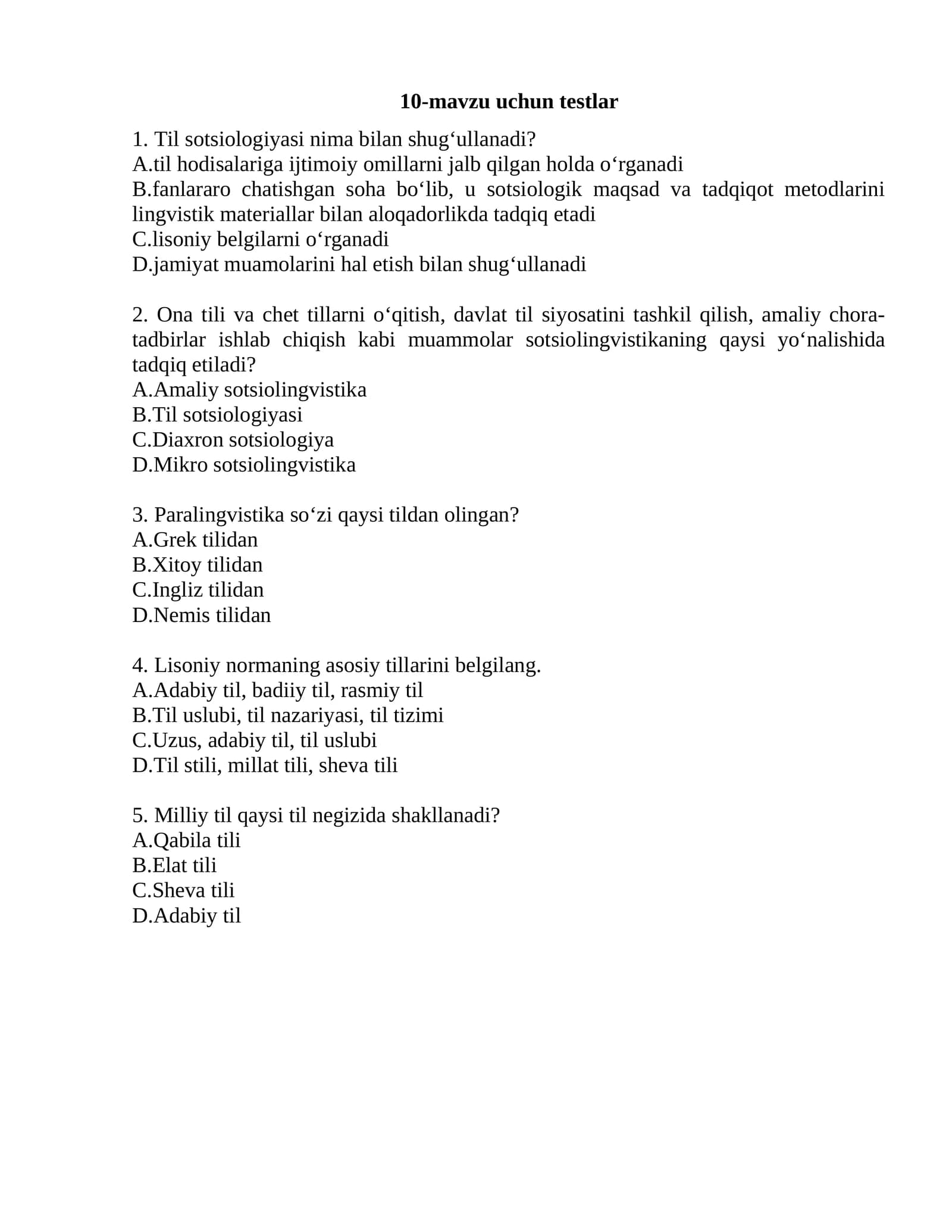 10-mavzu uchun testlar