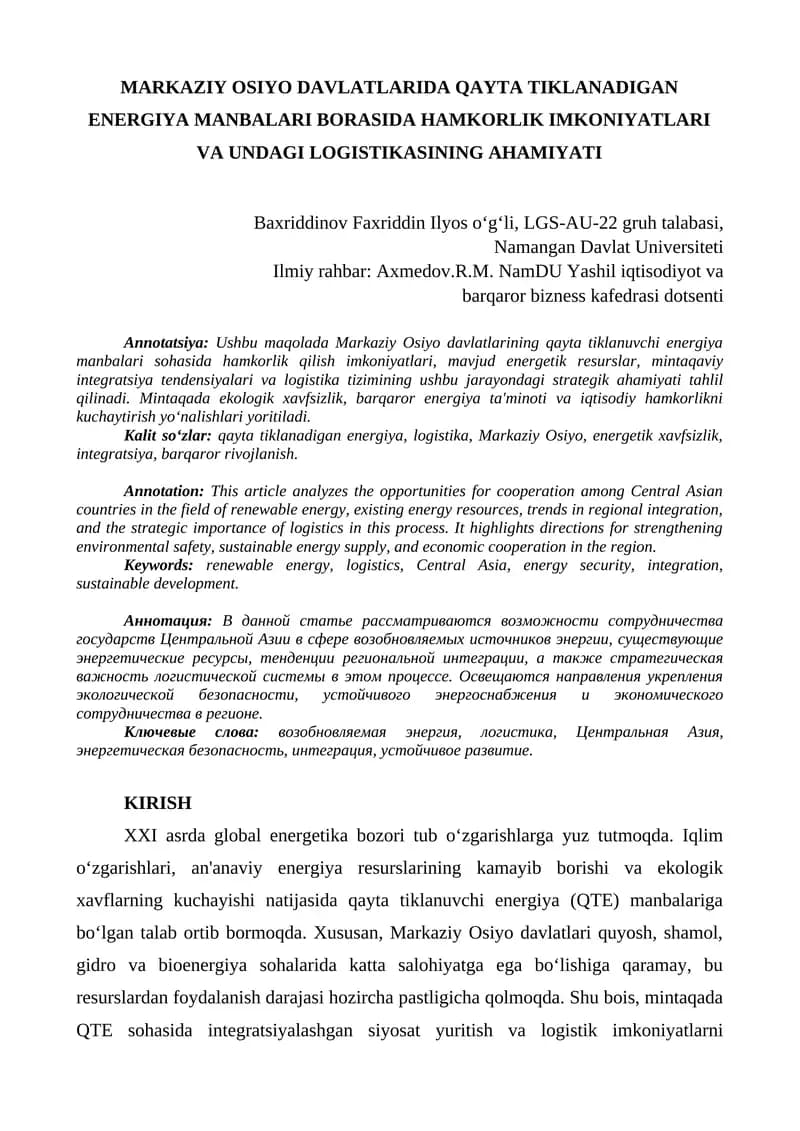 MARKAZIY OSIYO DAVLATLARIDA QAYTA TIKLANADIGAN ENERGIYA MANBALARI BORASIDA HAMKORLIK IMKONIYATLARI VA UNDAGI LOGISTIKASINING AHAMIYATI