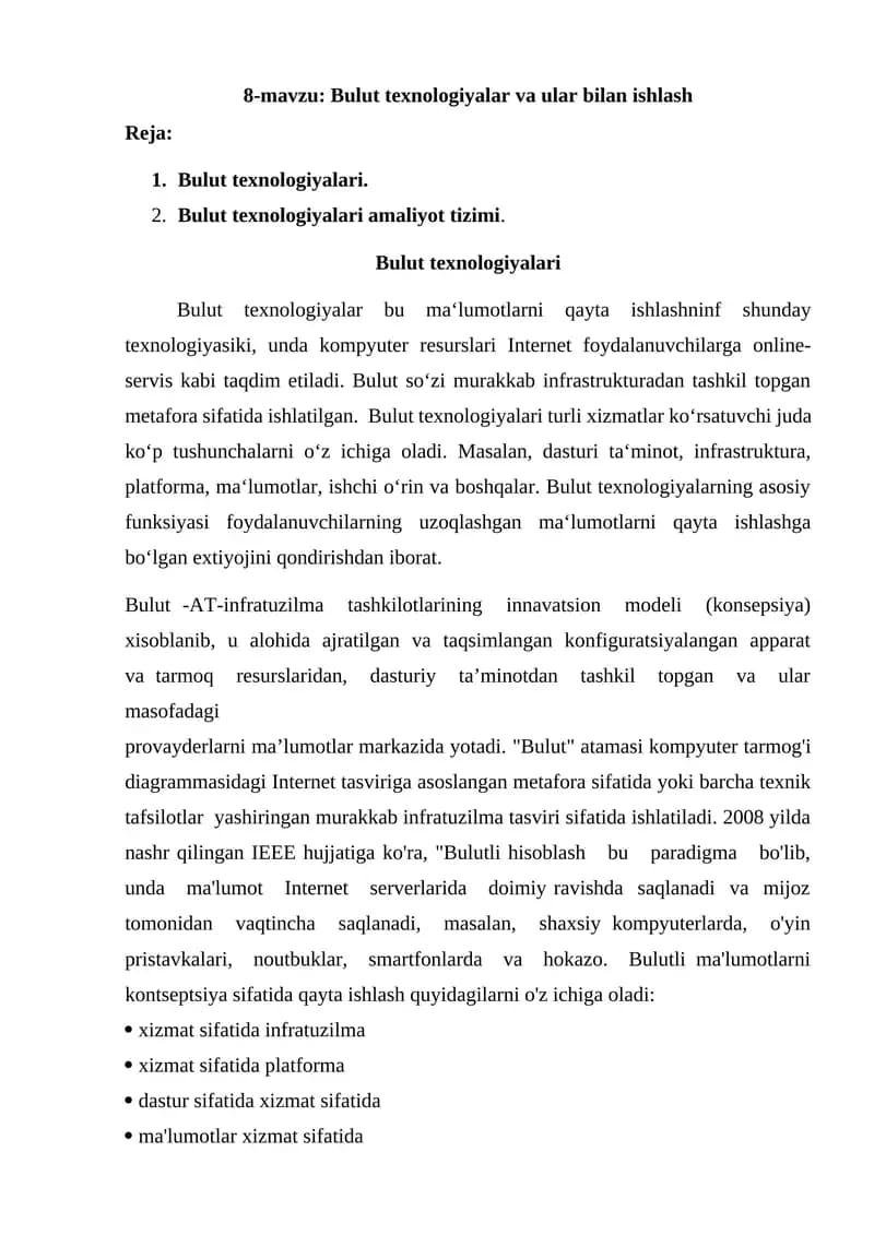 Bulut texnologiyalar va ular bilan ishlash