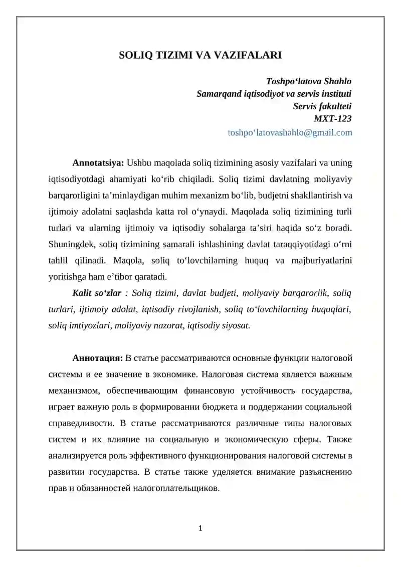 SOLIQ TIZIMI VA VAZIFALARI