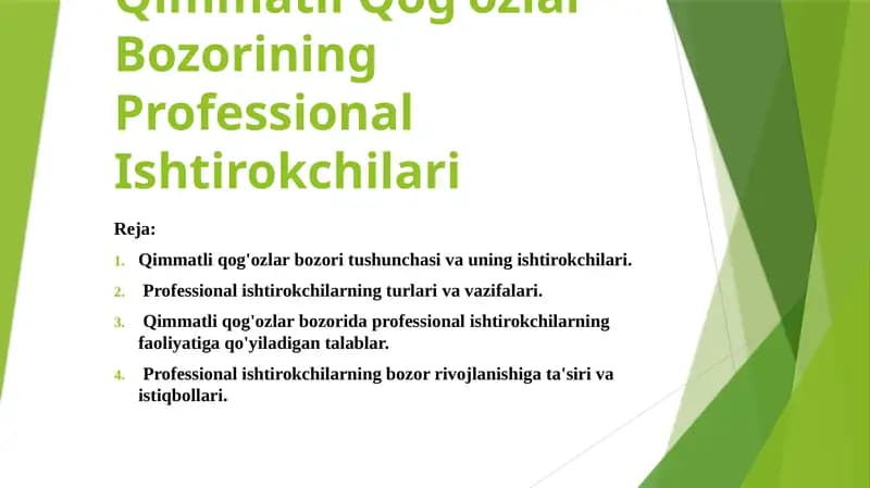Qimmatli Qog'ozlar Bozorining Professional Ishtirokchilari