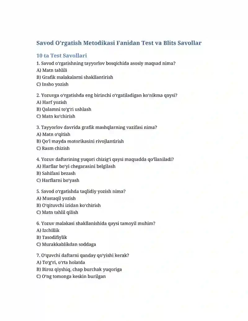 Savod O'rgatish Metodikasi Fanidan Test va Blits Savollar
