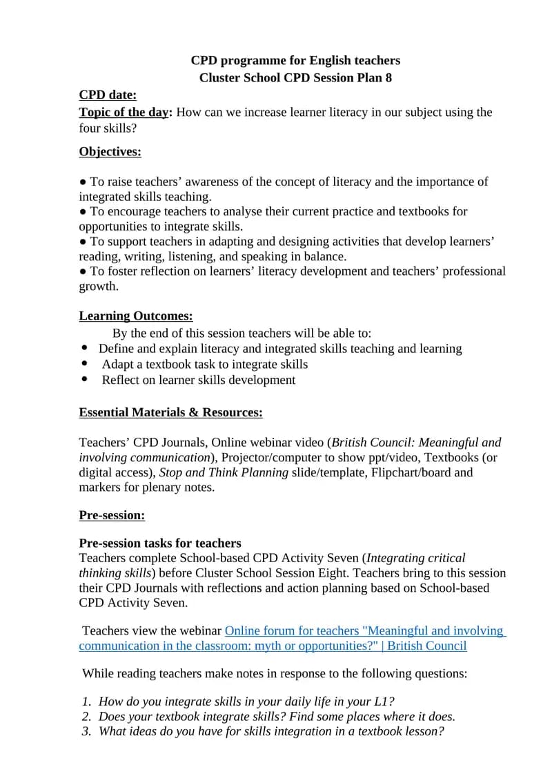 Cluster School CPD Session Plan 8