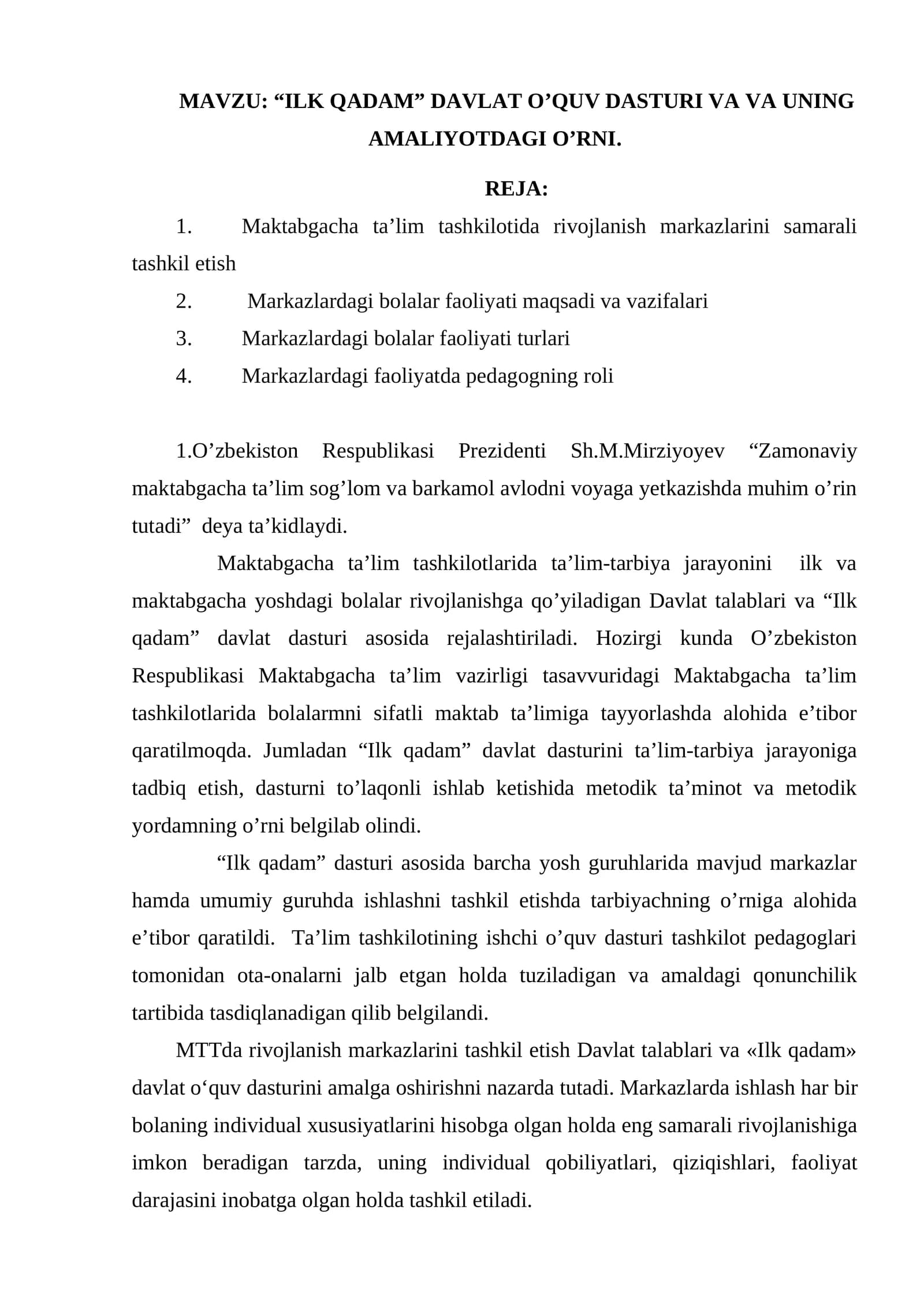 ILK QADAM DAVLAT O’QUV DASTURI