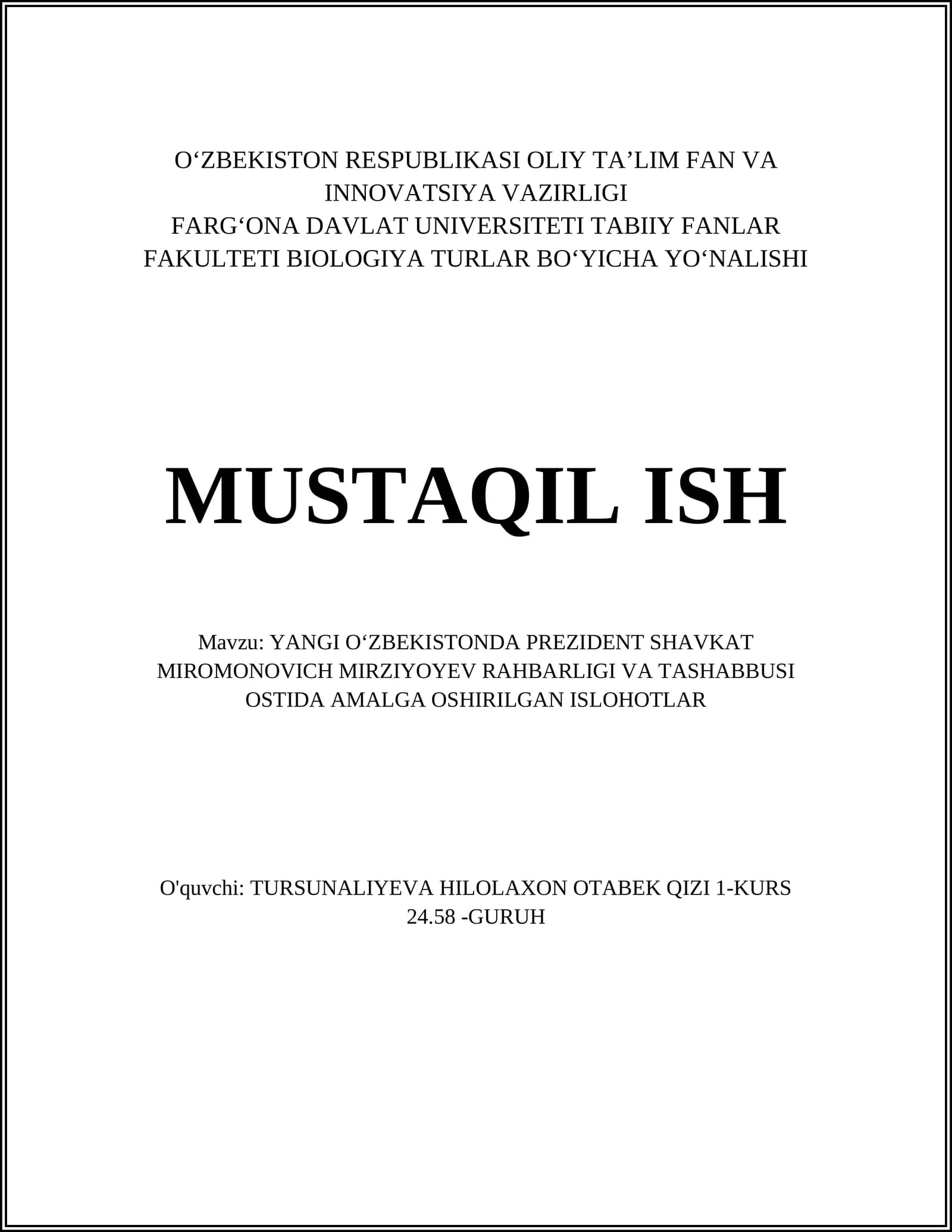 YANGI OʻZBEKISTONDA PREZIDENT SHAVKAT MIROMONOVICH MIRZIYOYEV RAHBARLIGI VA TASHABBUSI OSTIDA AMALGA OSHIRILGAN ISLOHOTLAR