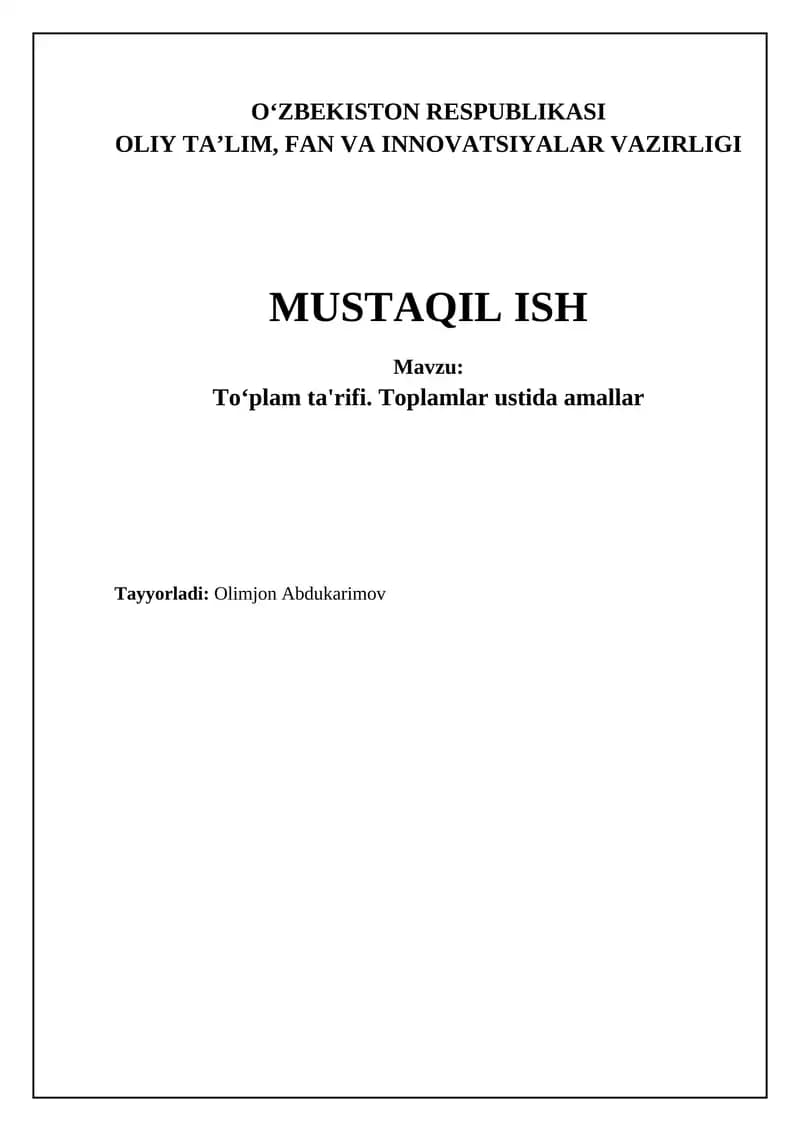 Toʻplam ta'rifi. Toplamlar ustida amallar