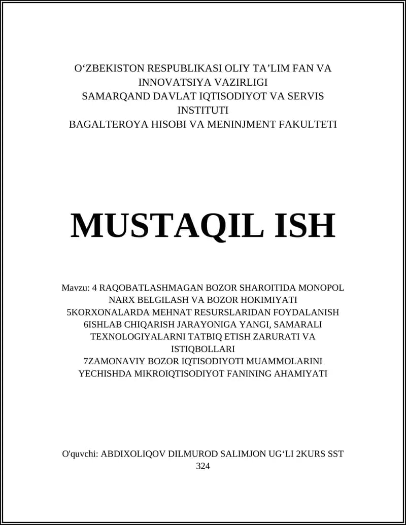 MONOPOL NARX BELGILASH VA BOZOR HOKIMIYATI