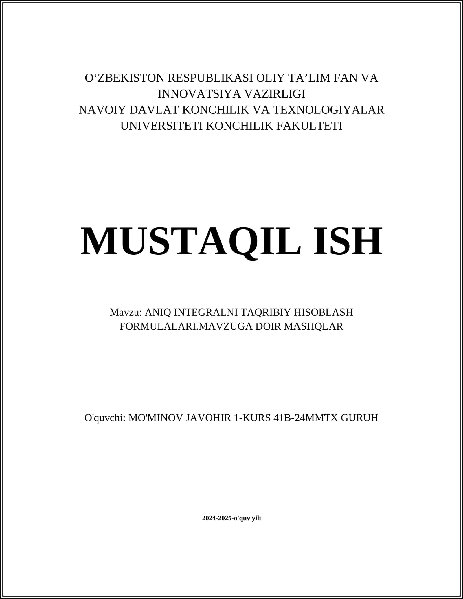 ANIQ INTEGRALNI TAQRIBIY HISOBLASH FORMULALARI