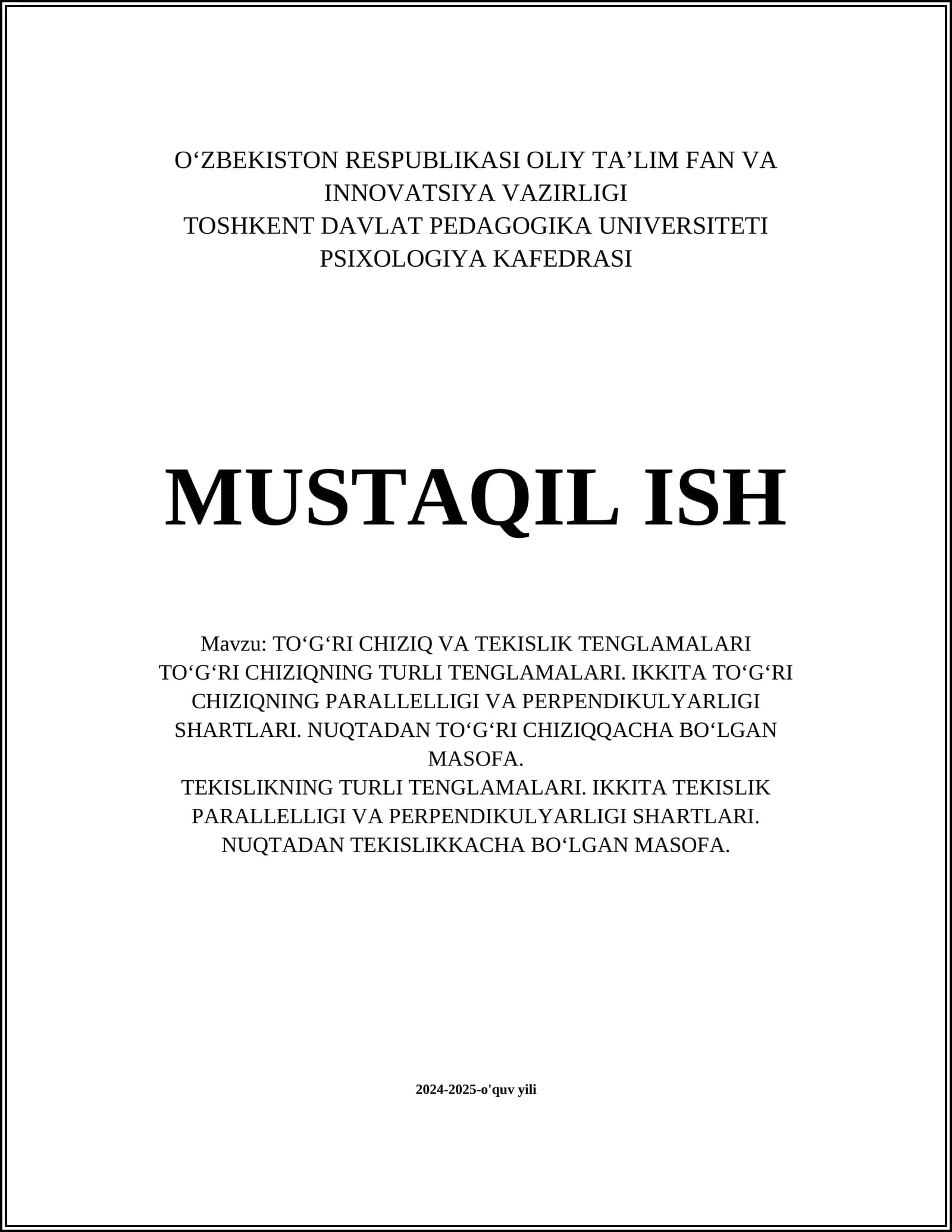 TO‘G‘RI CHIZIQ VA TEKISLIK TENGLAMALARI