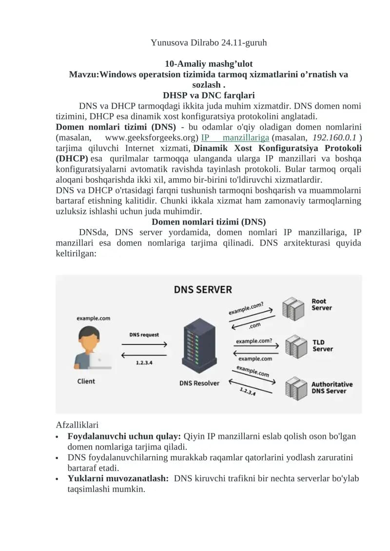 Windows operatsion tizimida tarmoq xizmatlarini o’rnatish va sozlash