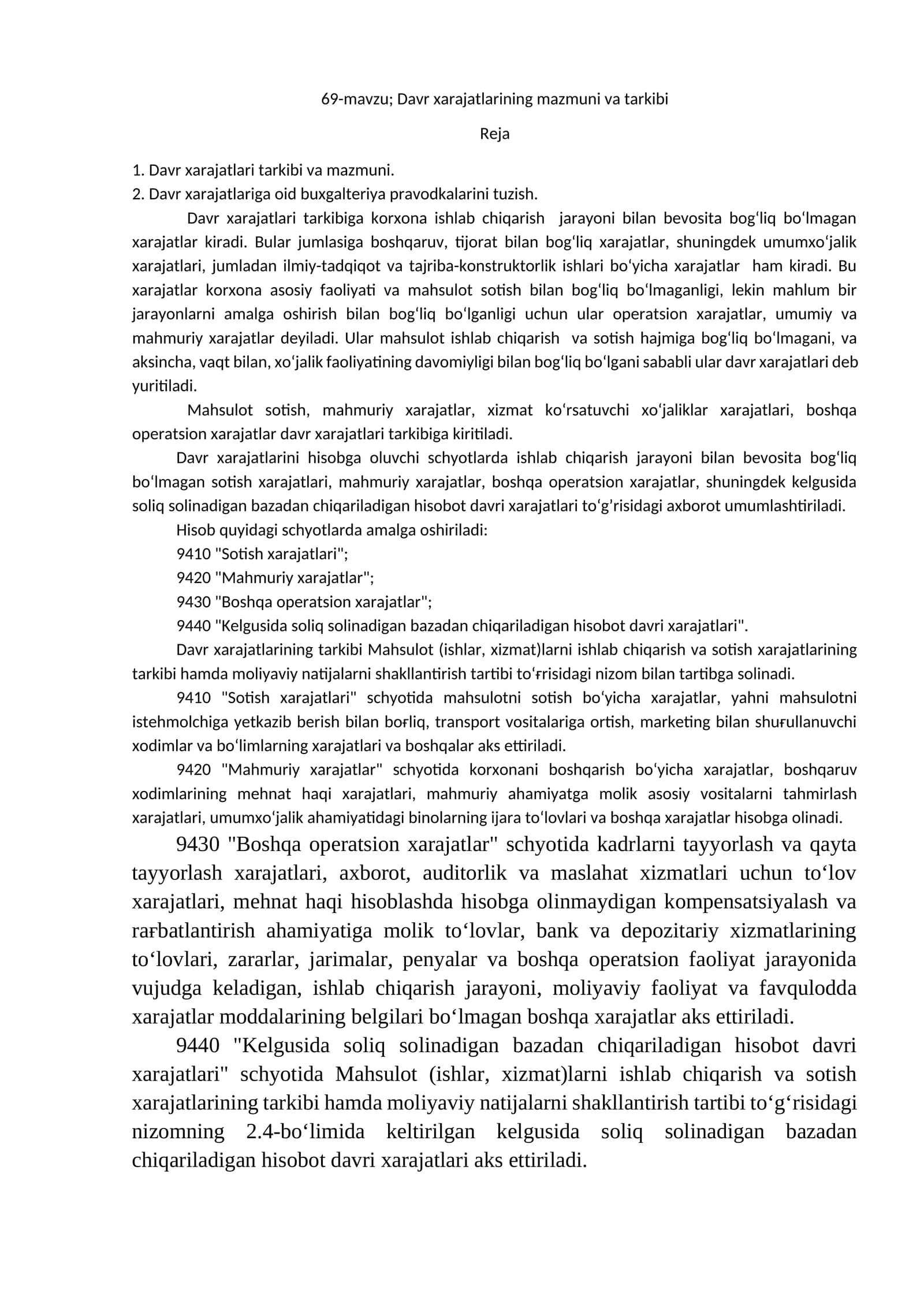 Davr xarajatlarining mazmuni va tarkibi