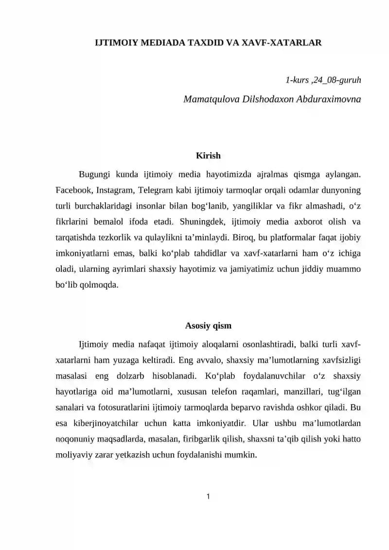 IJTIMOIY MEDIADA TAXDID VA XAVF-XATARLAR