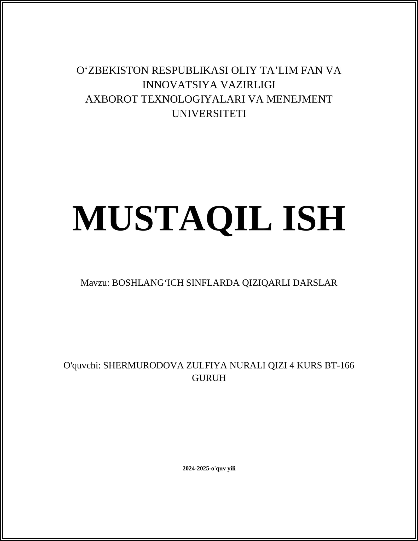BOSHLANGʻICH SINFLARDA QIZIQARLI DARSLAR