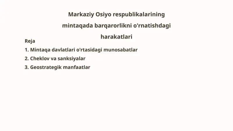 Markaziy Osiyorespublikalarining mintaqadabarqarorliknio'rnatishdagiharakatlari