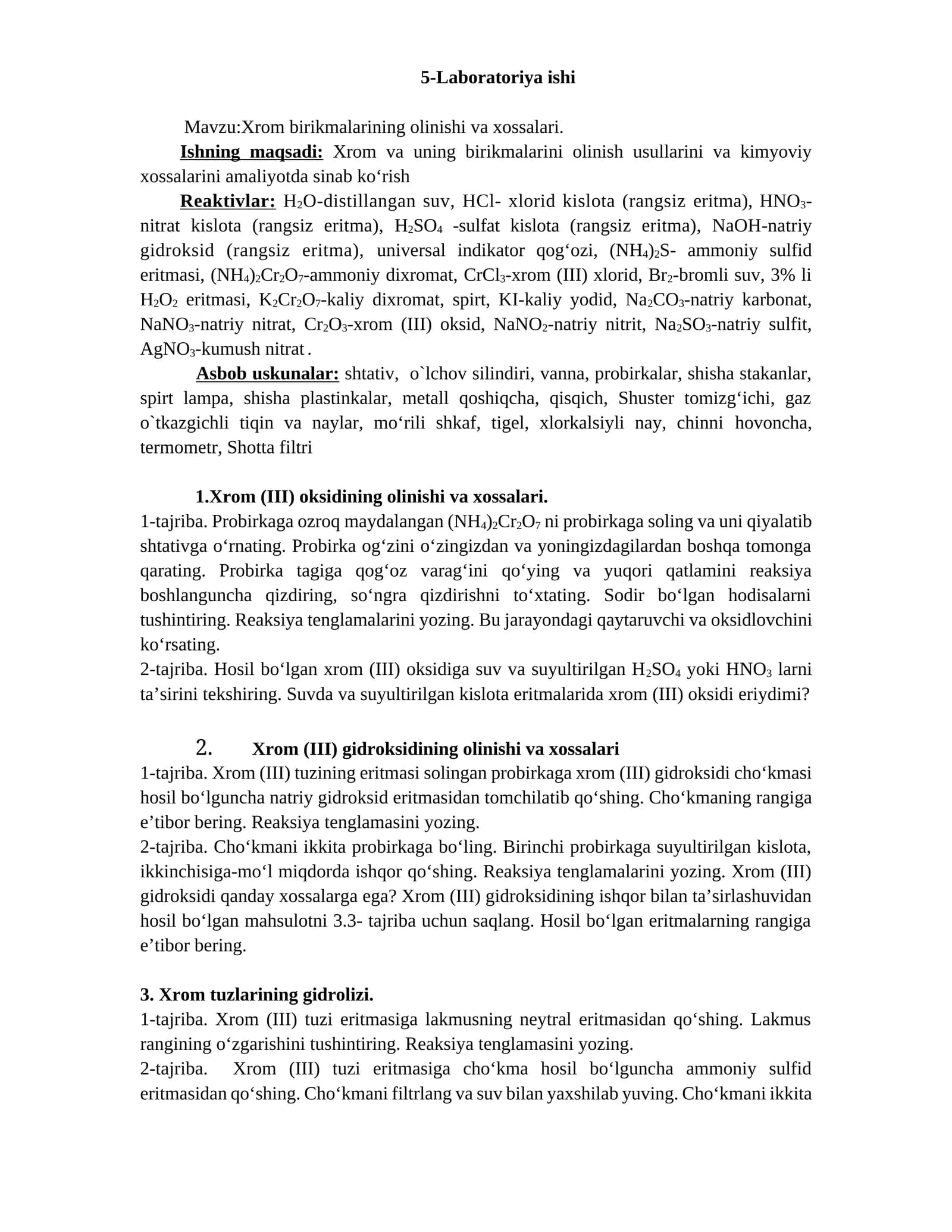 Xrom (III) oksidining olinishi va xossalari