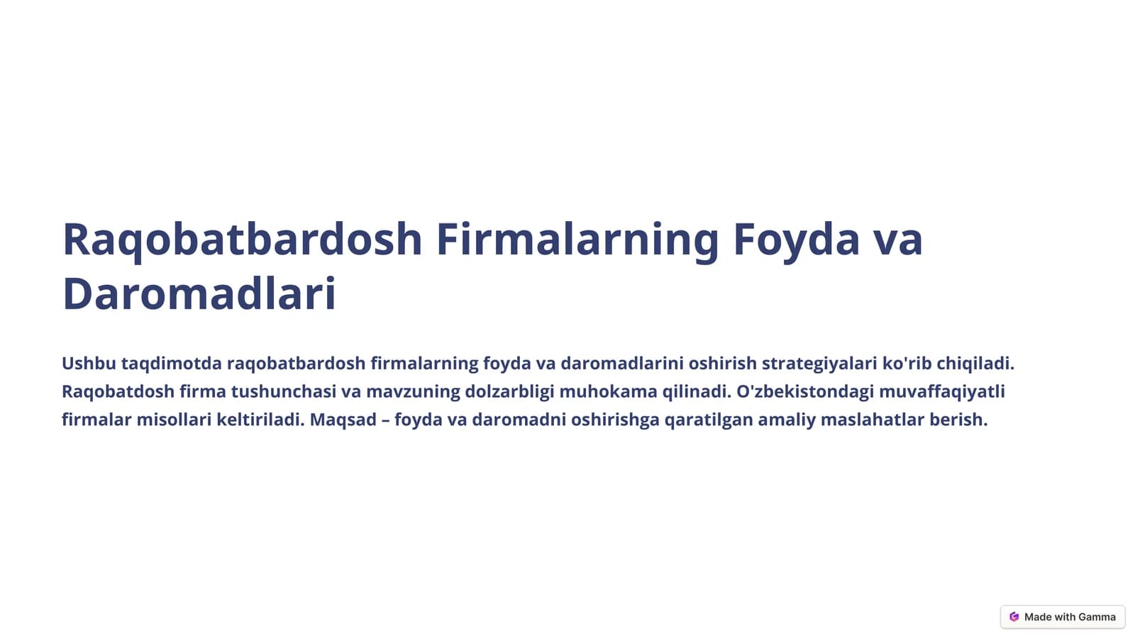 Raqobatbardosh Firmalarning Foyda va Daromadlari