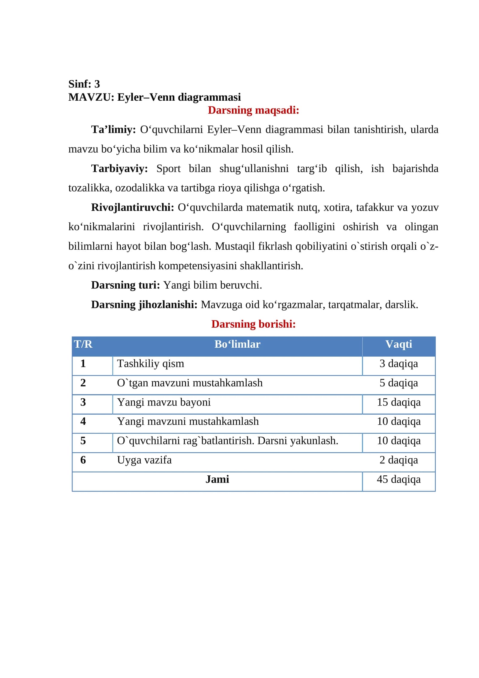 Eyler–Venn diagrammasi. Dars ishlanma