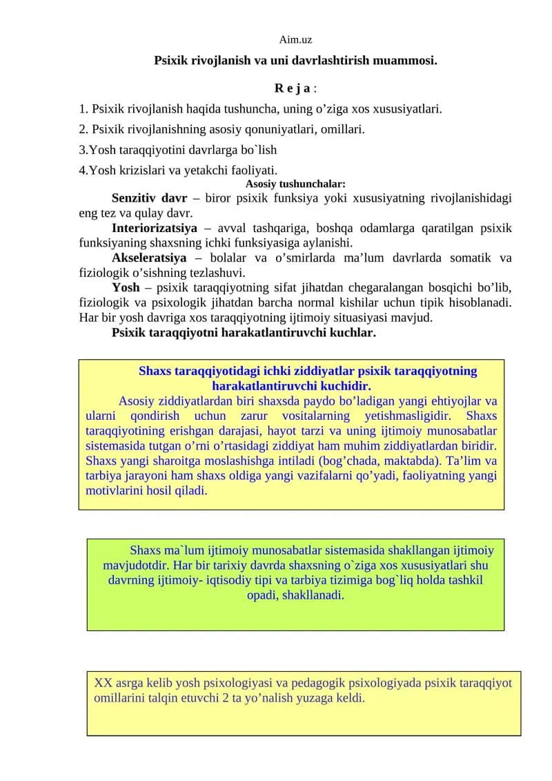 Psixik rivojlanish va uni davrlashtirish muammosi