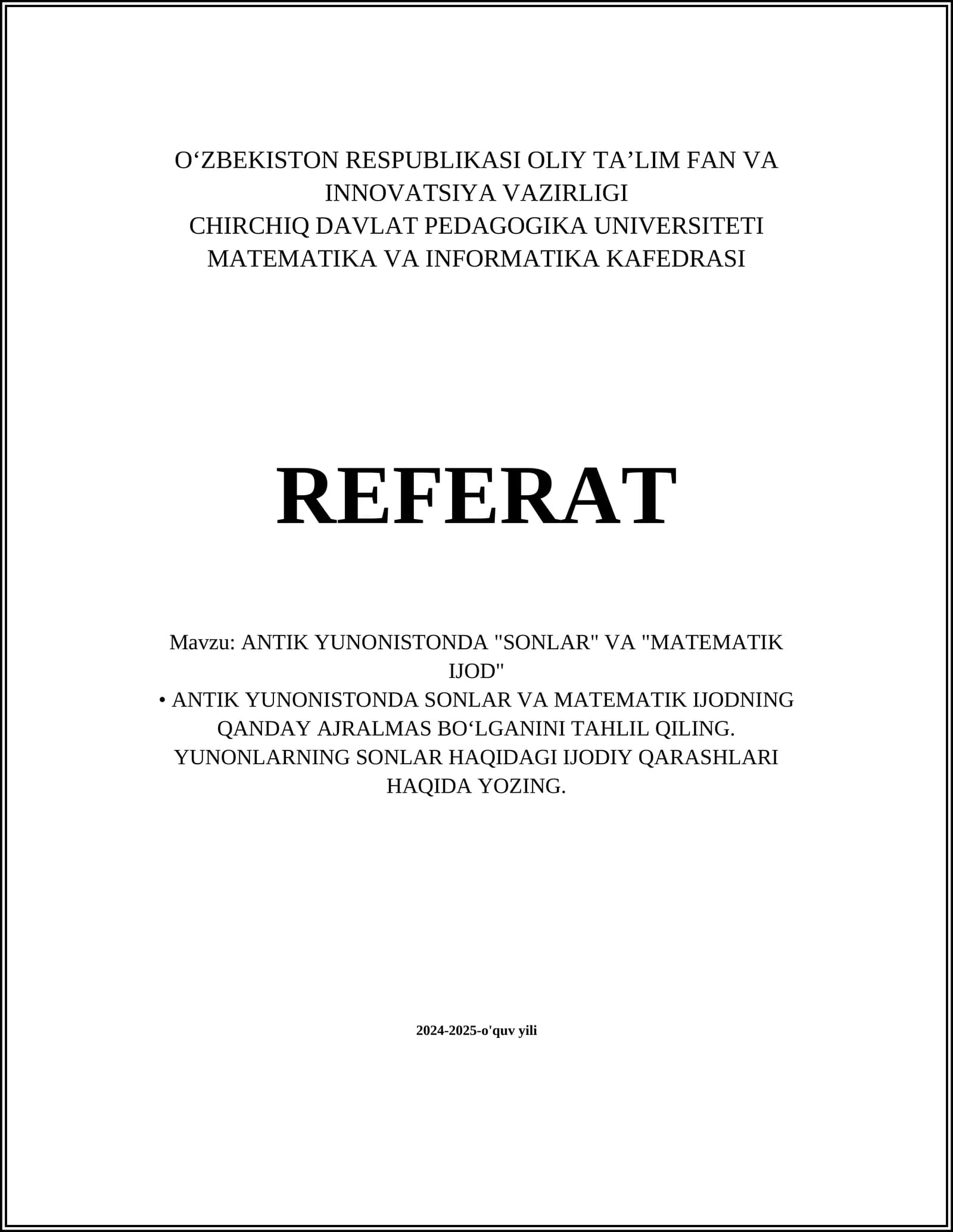 ANTIK YUNONISTONDA "SONLAR" VA "MATEMATIK IJOD"