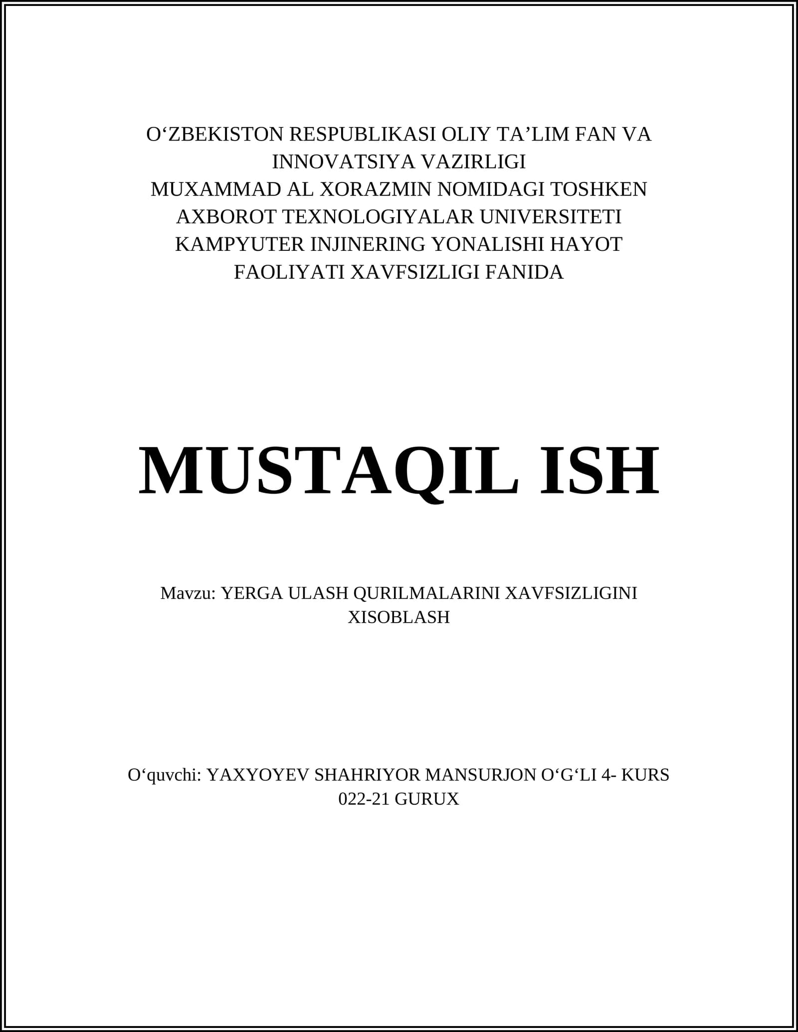 YERGA ULASH QURILMALARINI XAVFSIZLIGINI XISOBLASH